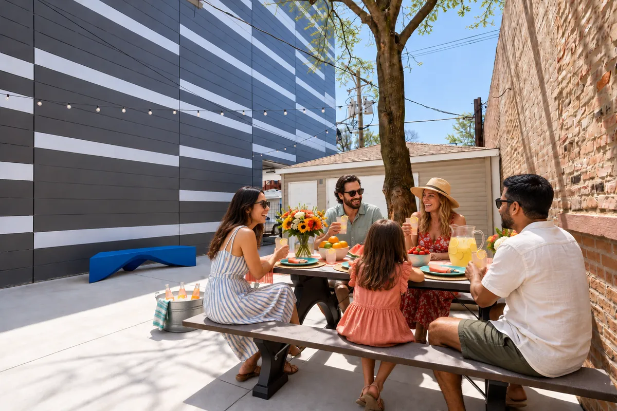 Summer party in the private courtyard at 3535 Venue: a family at the picnic table with lemonade, fruit and flowers under string lights (virtually staged)