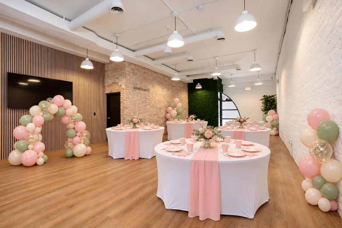 Example baby shower setup at Montrose Studio in Portage Park: round tables with white covers, pink runners and flowers, and pink, sage and cream balloon garlands (virtually staged)