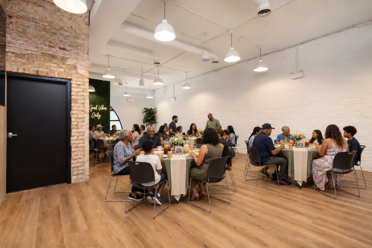 Family celebration at Montrose Studio: guests of all ages at round tables with sage tablecloths, flowers and framed family photos (virtually staged)