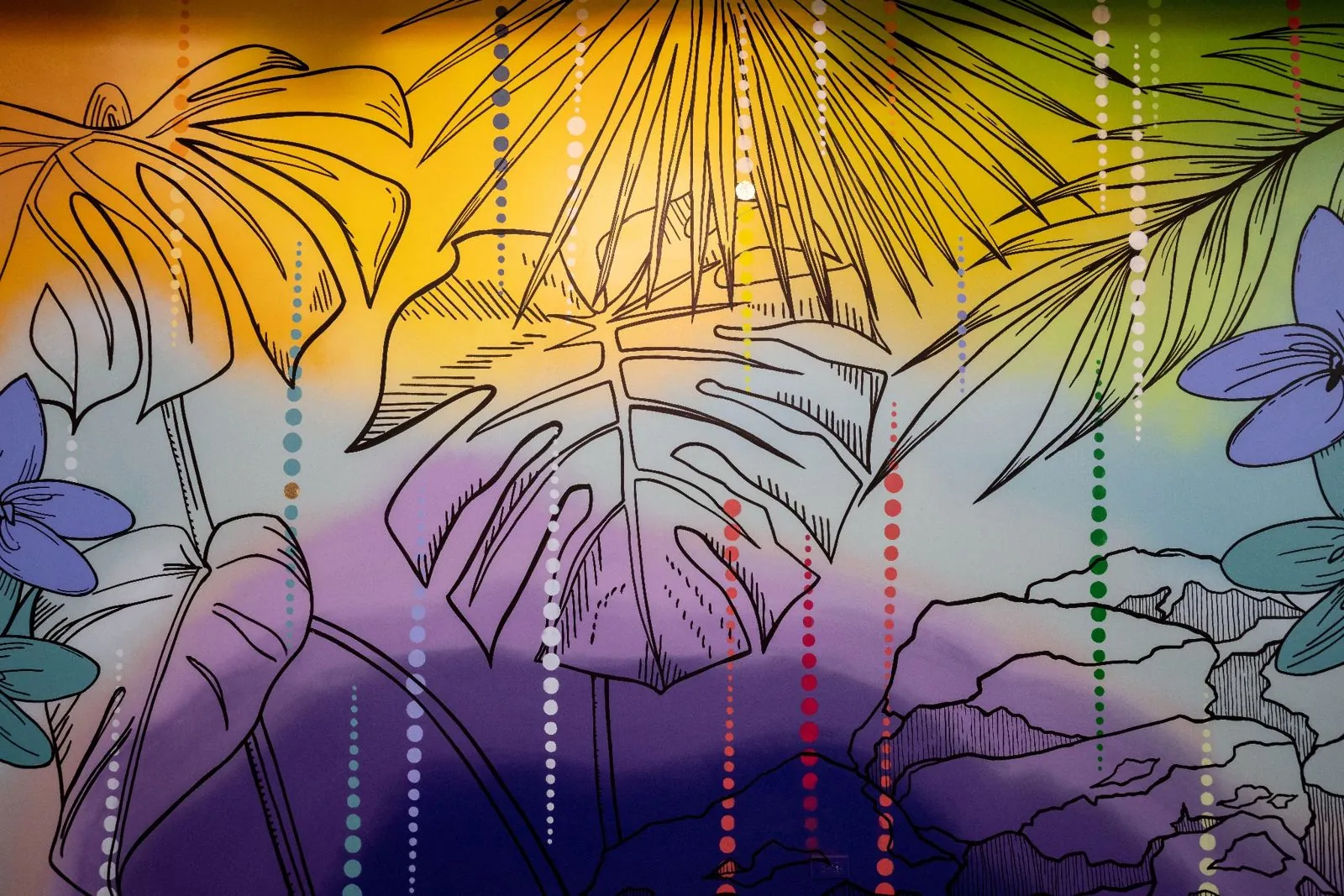 Close-up of the tropical leaf and flower mural