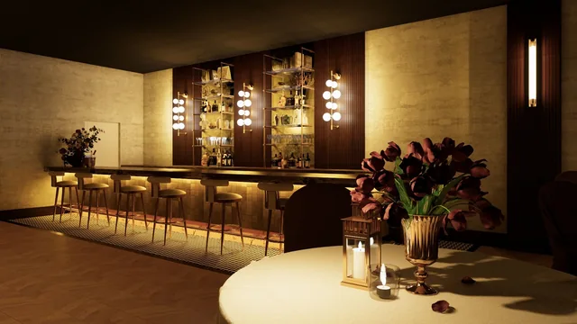 Proposed Schorsch Village Hall bar and seating arrangement; illustration, not a current photograph