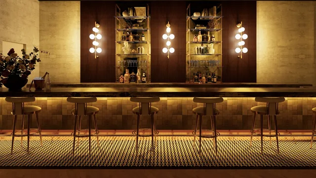 Proposed Schorsch Village Hall bar front with patterned flooring and pendant lights; illustration, not a current photograph