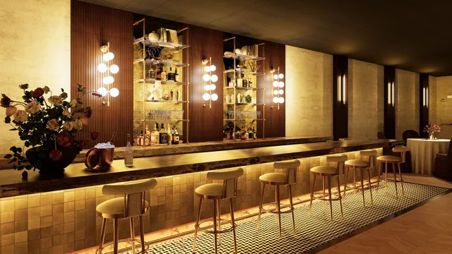 Proposed Schorsch Village Hall bar design with warm lighting, wood detailing and counter seating; illustration, not a current photograph