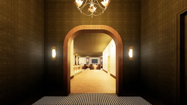 Proposed arched entrance looking into the renovated Schorsch Village Hall; illustration, not a current photograph