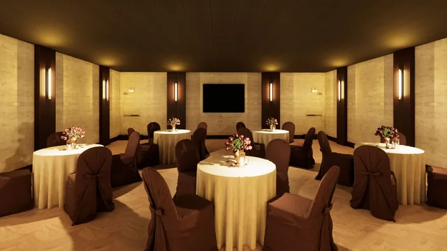 Proposed Schorsch Village Hall interior with round tables, wood accents and a wall-mounted screen; illustration, not a current photograph